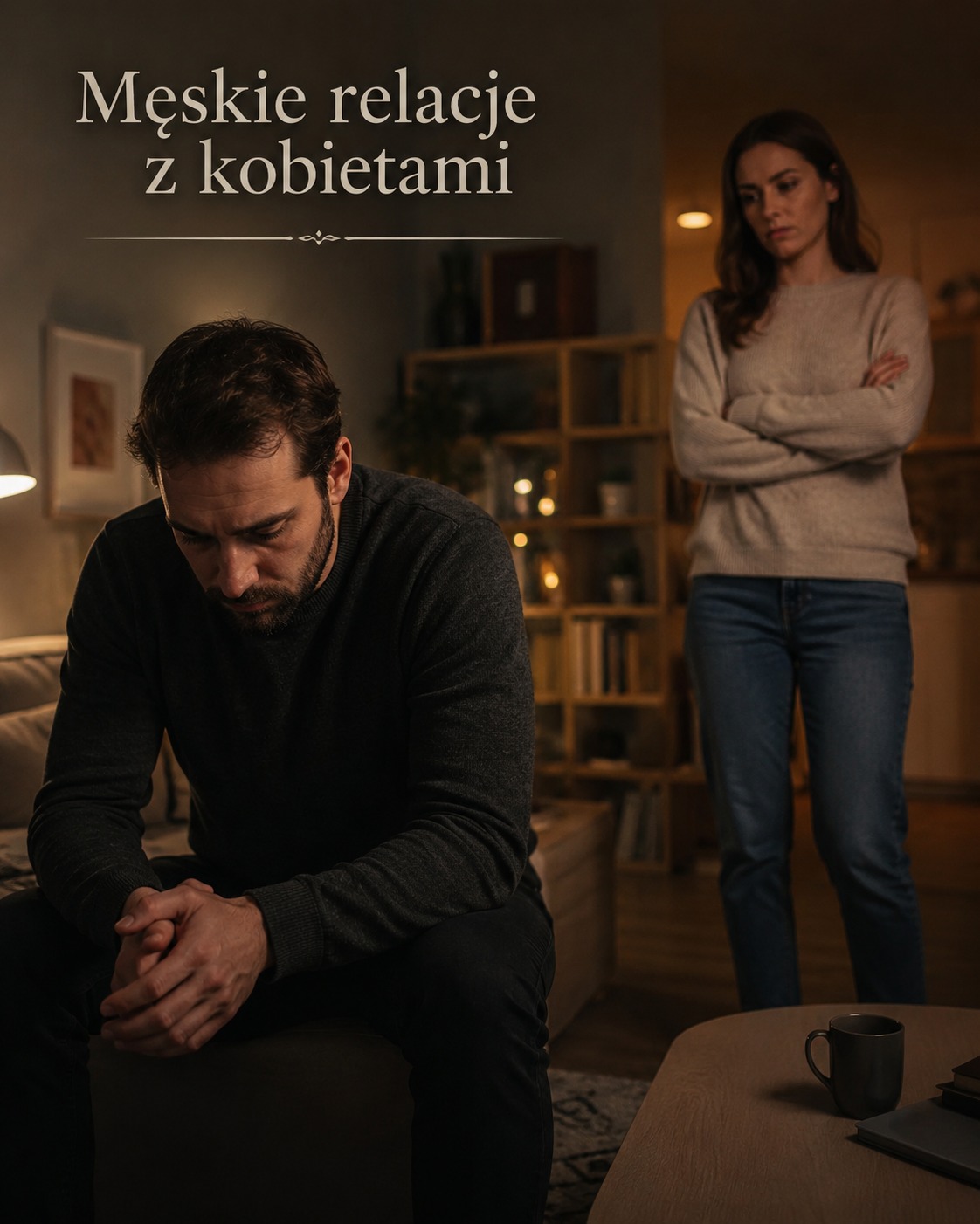 Męskie relacje z kobietami — mężczyzna pogrążony w myślach, kobieta w tle